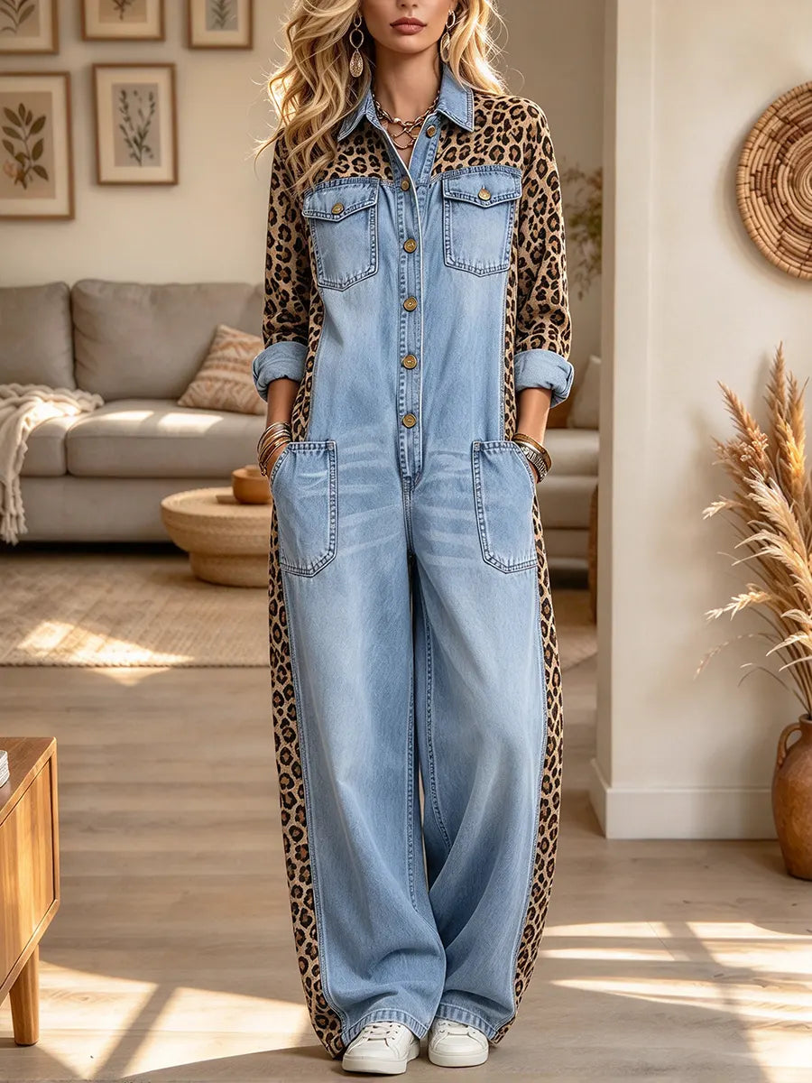 Women's Casual Leopard Print Long-sleeved Denim Jumpsuit