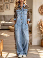 Women's Casual Leopard Print Long-sleeved Denim Jumpsuit