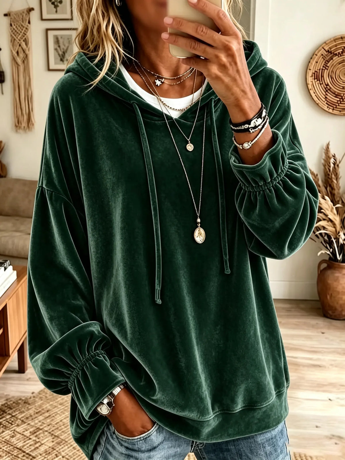 Women's Velvet Drawstring Hooded Pullover