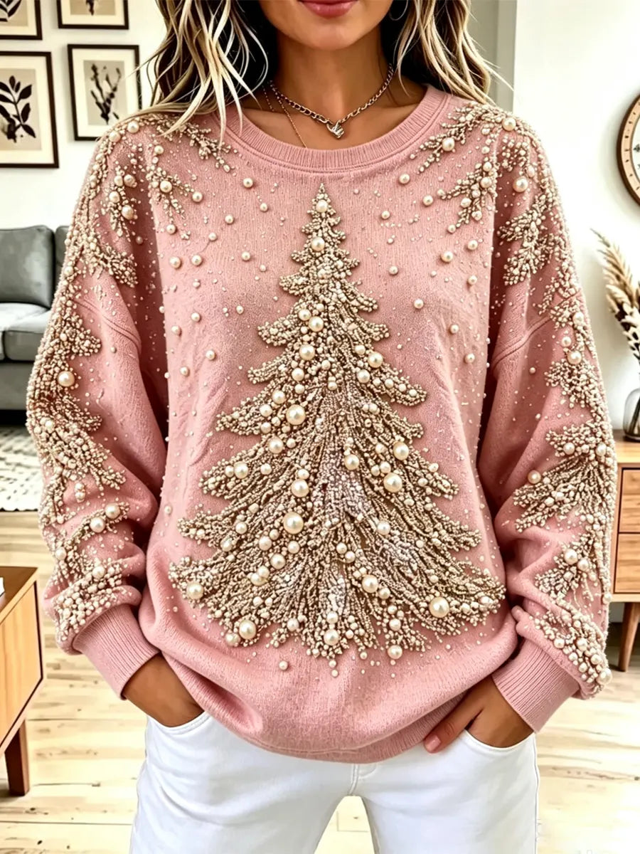 Vintage Christmas tree pearl Pattern Art Casual Stylish Long Sleeve Sweatshirt