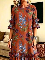 Retro Floral Pattern Art Print Casual Ruffle Stylish Cotton Linen Dress