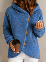 Women Teddy Fleece Hooded Jacket Diagonal Zip Warm Fuzzy Coat With Side Pockets