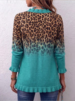 Turquoise Leopard Gradient Ruffle Trim Knit Cardigan