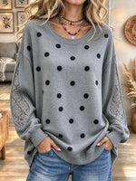 Women's Retro Polka Dot Print Lace Patchwork Crew Neck Sweatshirt