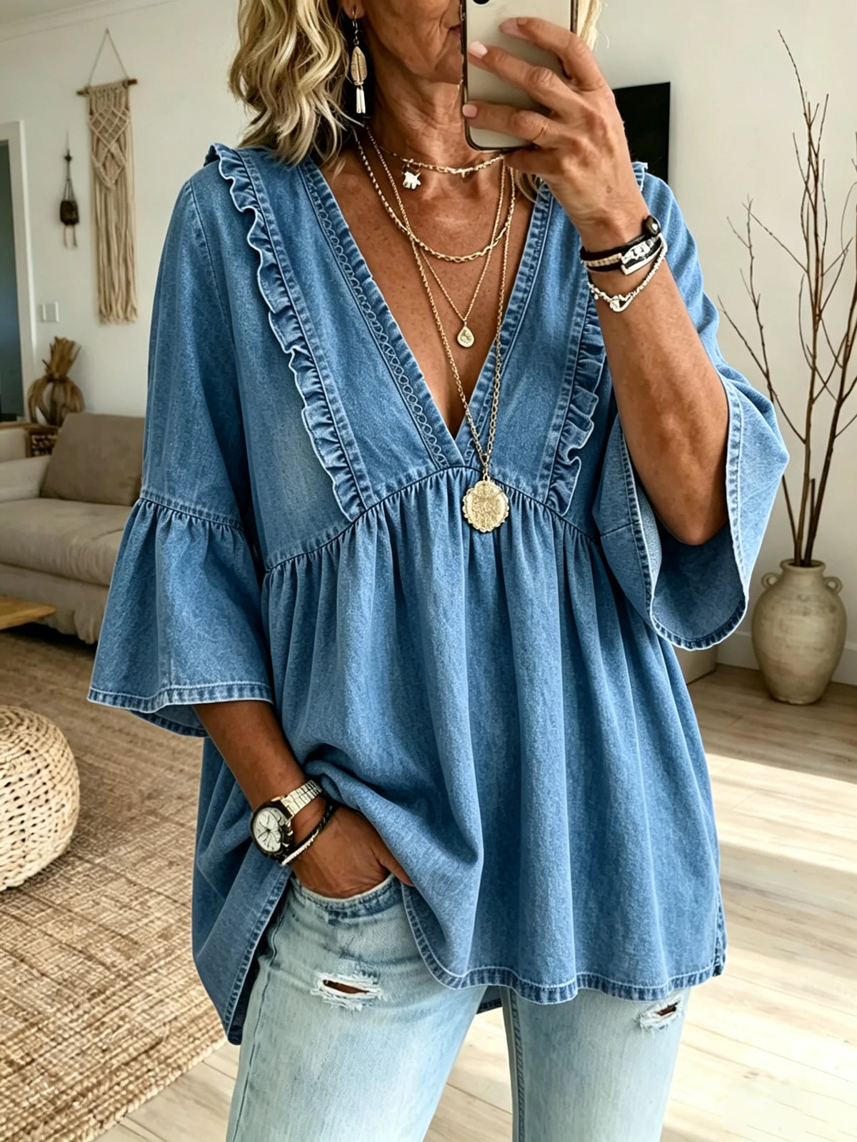 Women Solid Washed Denim V-neck Peplum Blouse