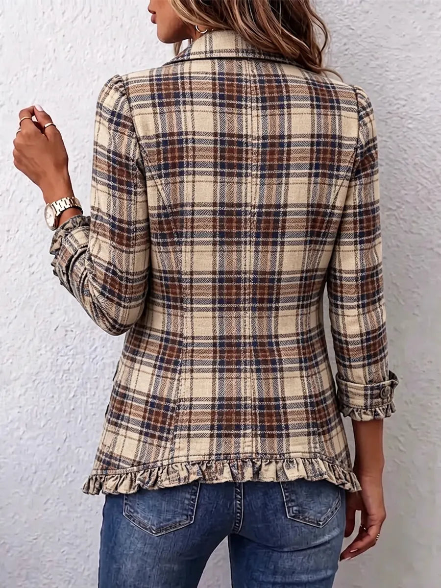 Retro Plaid Pattern Art Print Ruffle Casual Stylish Cotton Lapel Coat