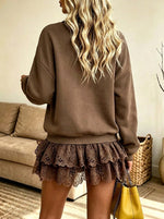 Women's V-Neck Sweatshirt Tiered Lace Mini Dress