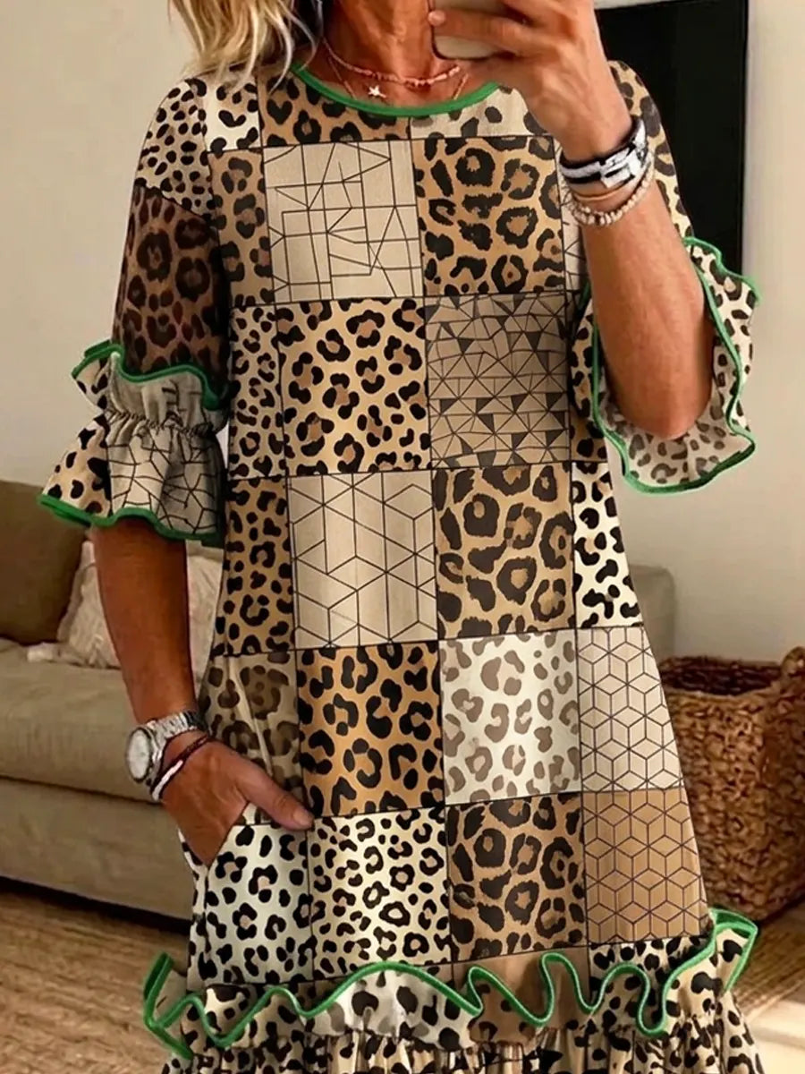 Retro Leopard Patchwork Pattern Art Print Casual Ruffle Stylish Cotton Linen Dress