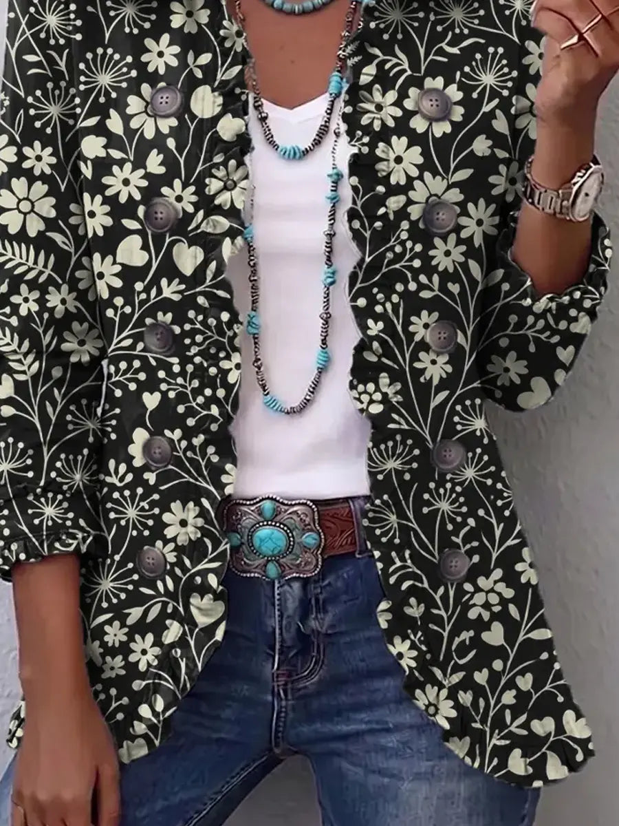 Retro Floral Pattern Art Print Ruffle Casual Stylish Cotton Lapel Coat