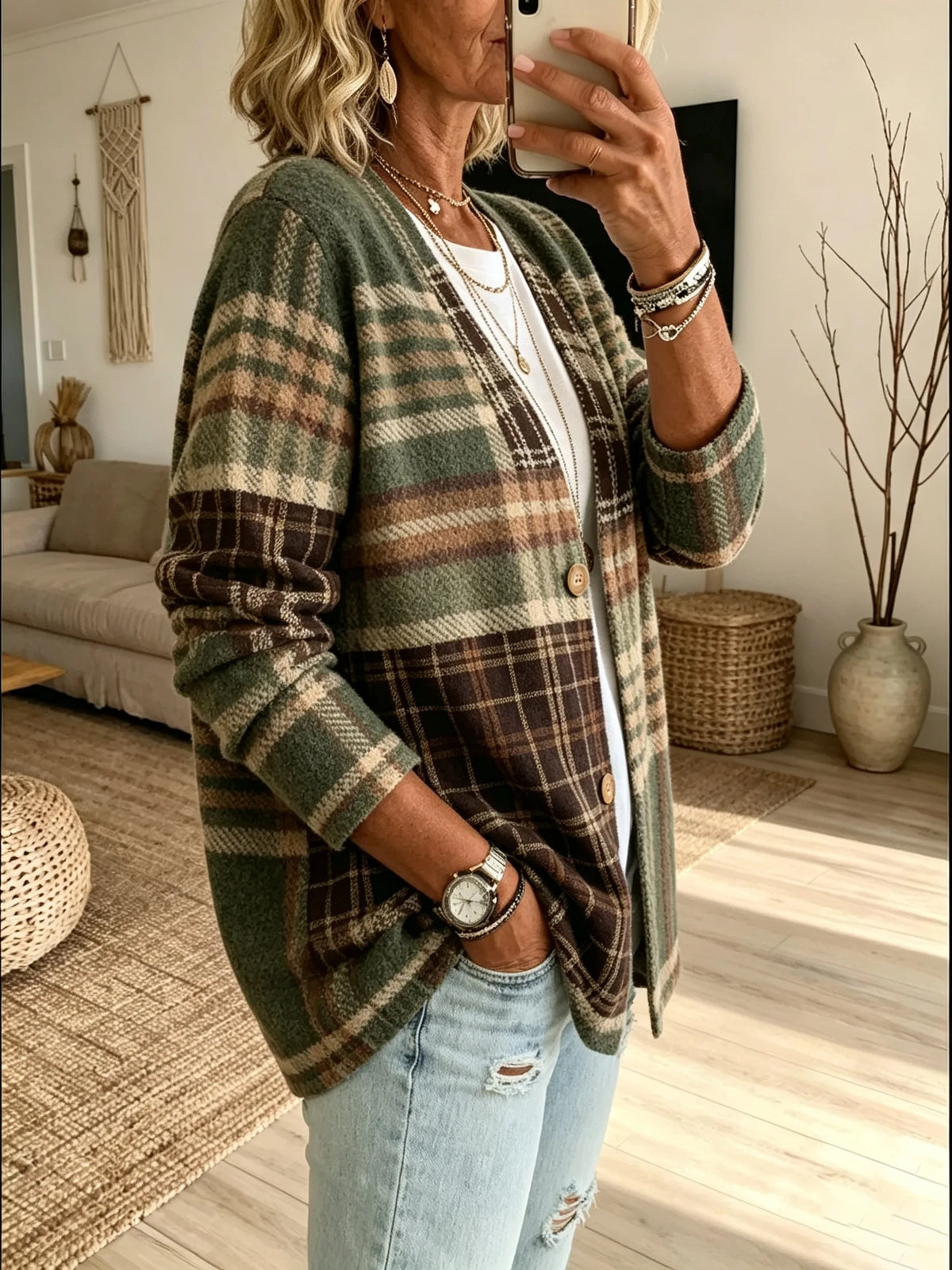 Women's Vintage Plaid V-Neck Long Sleeve Cardigan