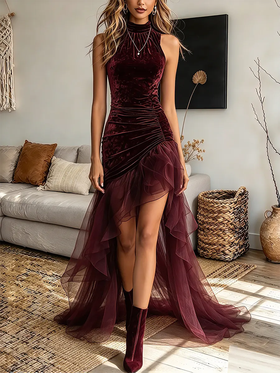Vintage Elegant Velvet Patchwork Sheer Mesh Dress