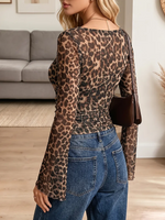 Vintage Elegant Sheer Leopard-print Mesh Shirt