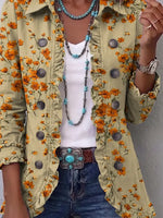 Retro Floral Pattern Art Print Ruffle Casual Stylish Cotton Lapel Coat