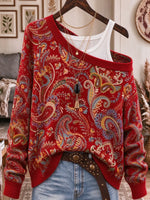 Women's Bohemian Art Print Off-shoulder Long-sleeve Loose Knit Pullover Sweater