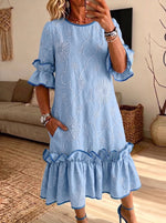 Women Embossed Floral Ruffle Midi Dress Loose Flounce Sleeve Dress With Pockets