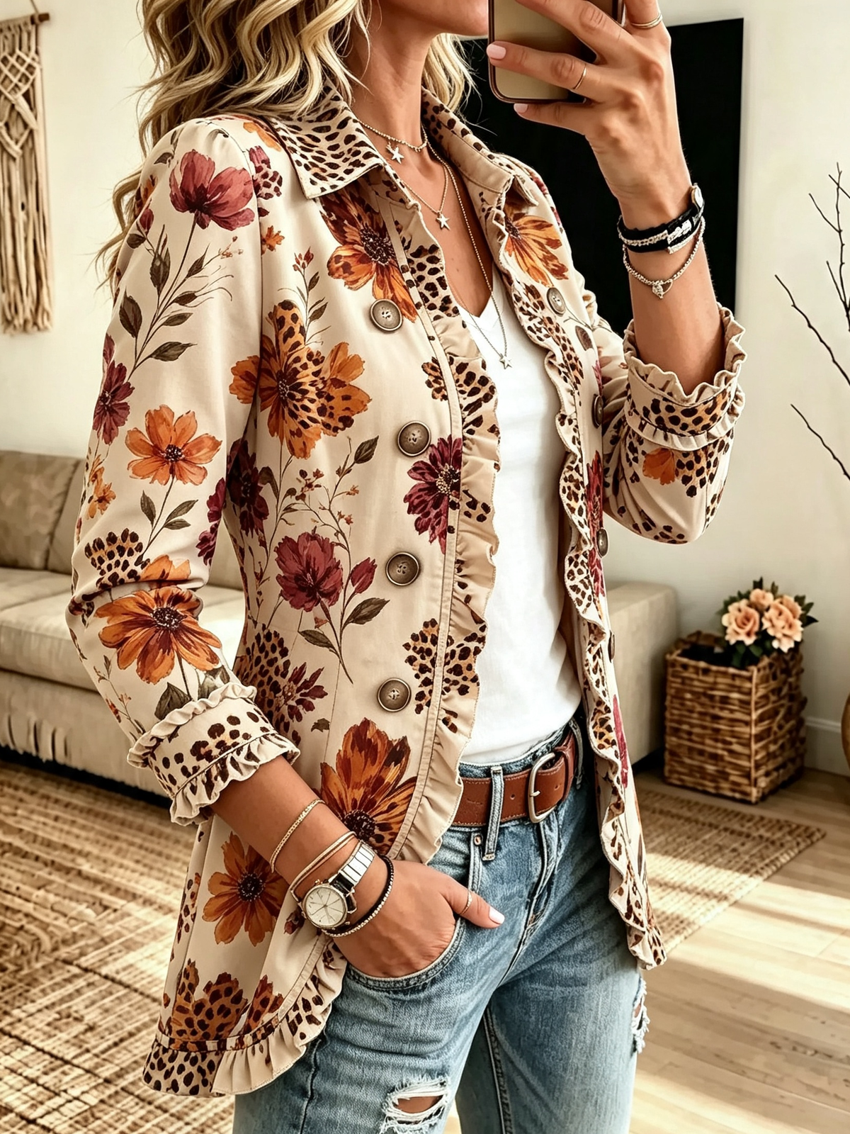 Women's Sunflower Print Ruffle Blazer Jacket