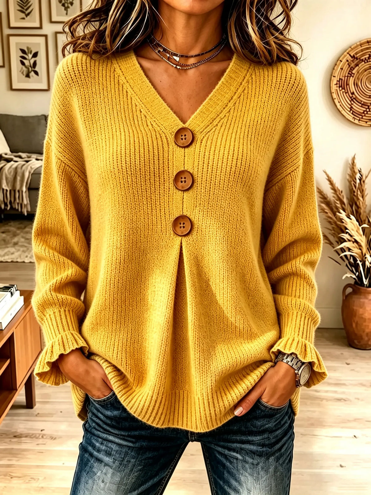 Women's Big Button Pleated V-Neck Knit Sweater