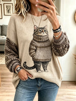 Women Cute Cat Graphic Color‑Block Knit Drop Shoulder Sweater
