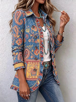 Women's Vintage Paisley Floral Print Ruffle Lapel Casual Blazer Jacket