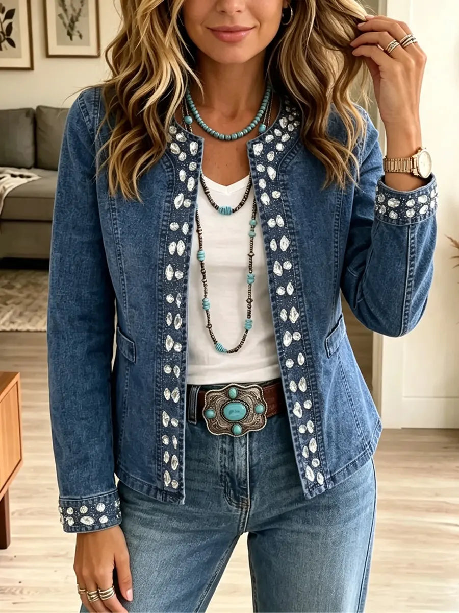 Retro Chic Rhinestone Art Casual Stylish Long Sleeve Denim Coat