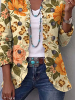 Retro Floral Leopard Pattern Art Print Ruffle Casual Stylish Cotton Lapel Coat