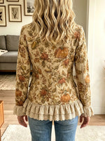 Women Pumpkin Floral Print Lace Ruffle Lapel Blazer Jacket