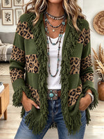 Women's Olive Green and Leopard Print Colorblock Cardigan with Fringe Trim