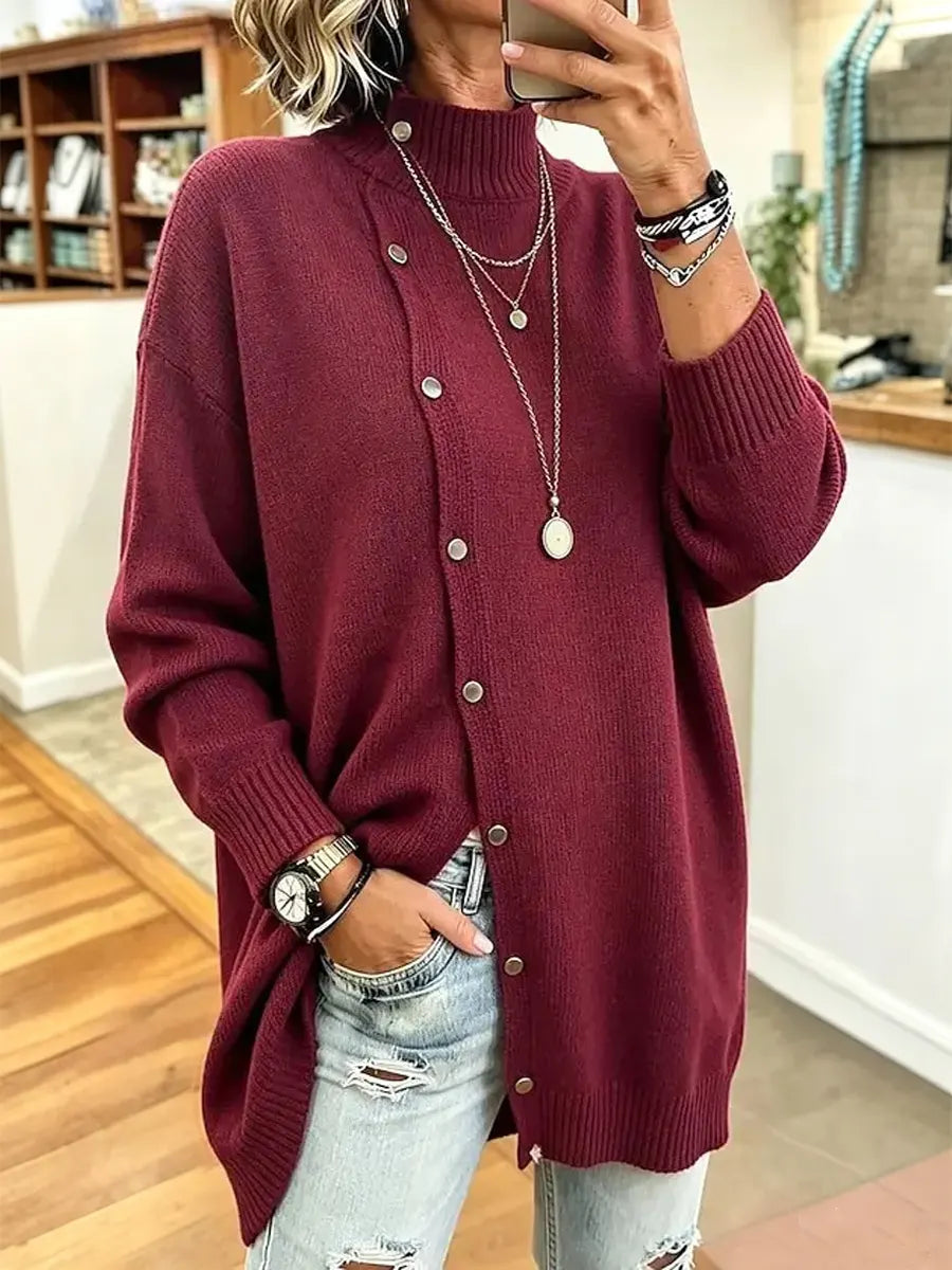 Cozy Turtleneck Knit Art Casual Button Stylish Long Sleeve Sweater Coat