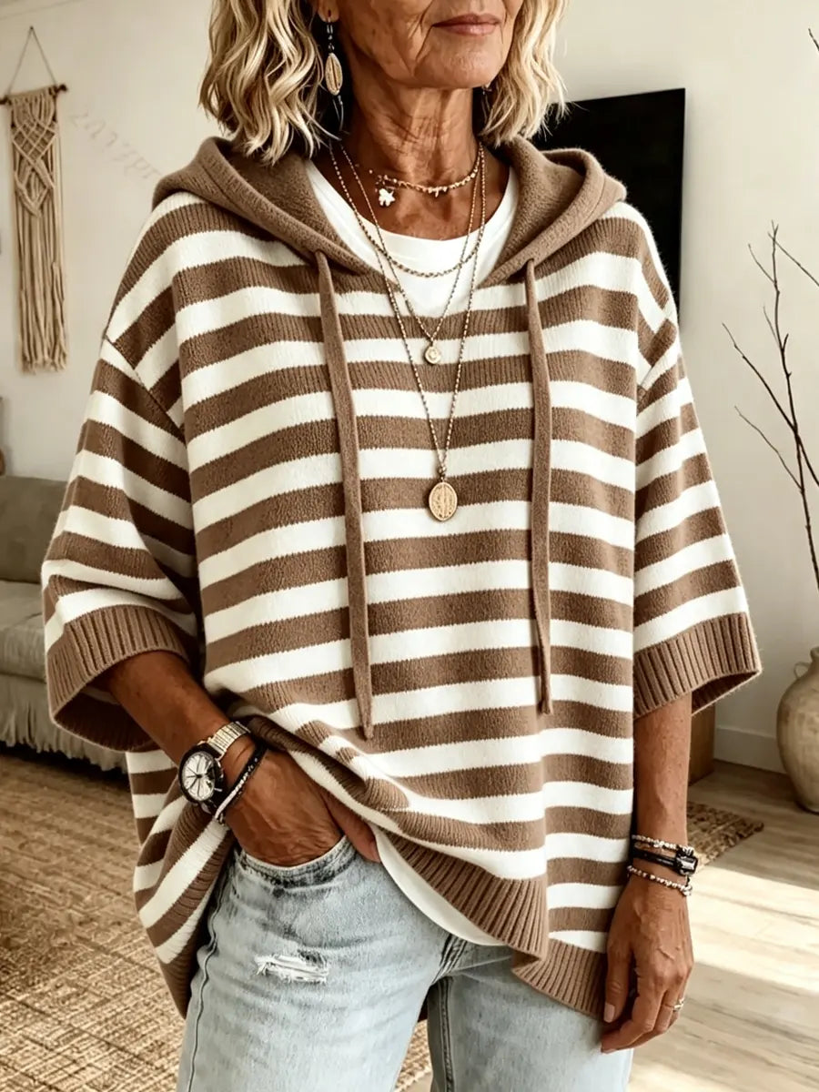 Retro Stripe Pattern Art Hooded Casual Stylish Knitted Top