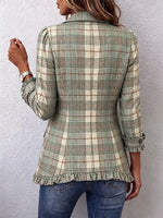 Retro Plaid Pattern Art Print Ruffle Casual Stylish Cotton Lapel Coat