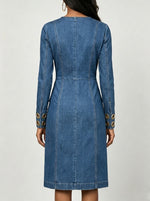 V Neck Wrap Gold Eyelet Decor Long Sleeve Denim Mini Dress