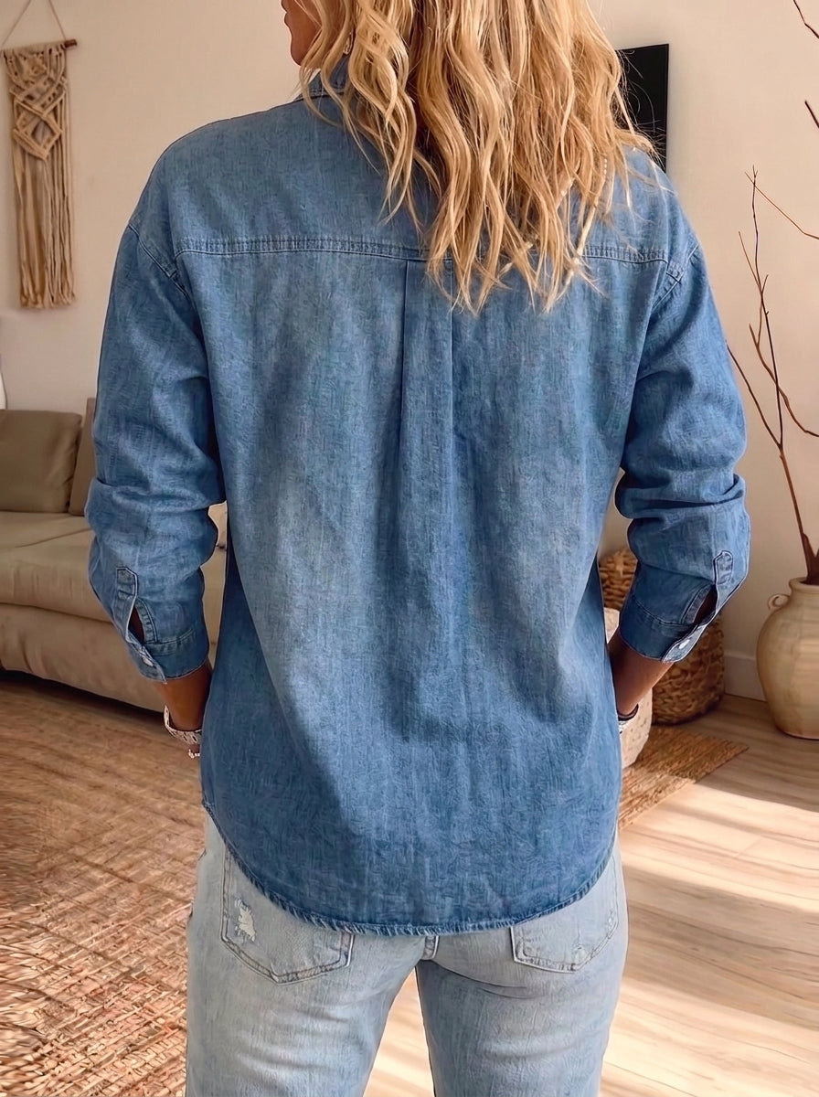 Women Oversized Washed Denim Shirt Lapel Long Sleeve Button Down Casual Blouse