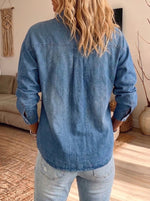 Women Oversized Washed Denim Shirt Lapel Long Sleeve Button Down Casual Blouse
