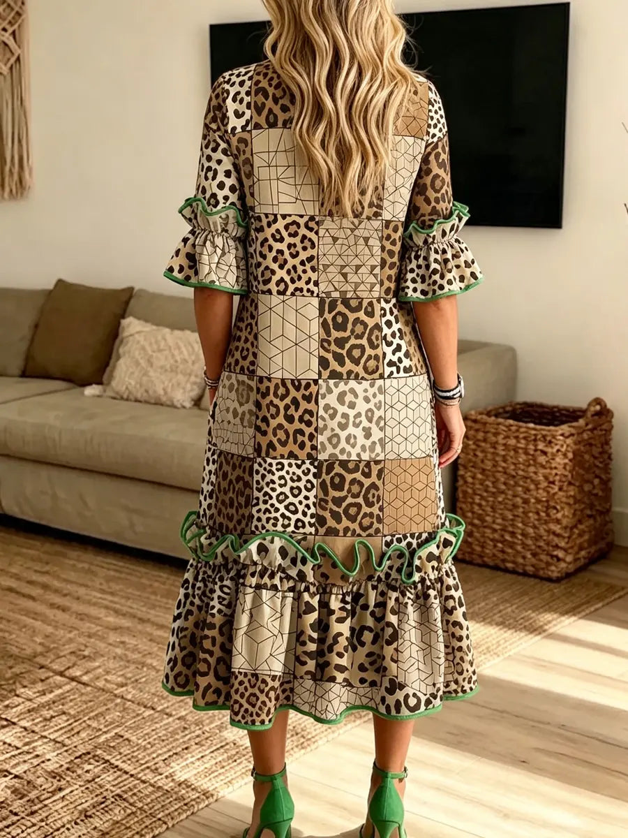 Retro Leopard Patchwork Pattern Art Print Casual Ruffle Stylish Cotton Linen Dress