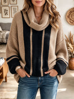 Women's Beige and Black Striped Oversized Cowl Neck Knit Sweater