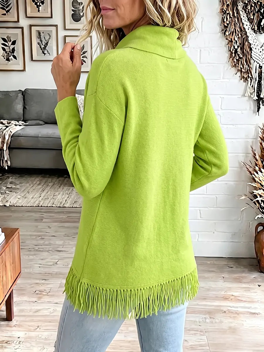Women's Vintage Elegant Mock-neck Knit Fabric Splicing Tassel Sweater