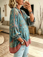 Women's Teal Vintage Ethnic Botanical Border Print Stand Collar Bubble Sleeve Blouse