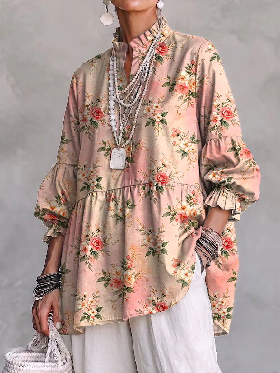 Retro Floral Art Pattern Print Ruffle Casual Stylish Cotton Linen Shirt