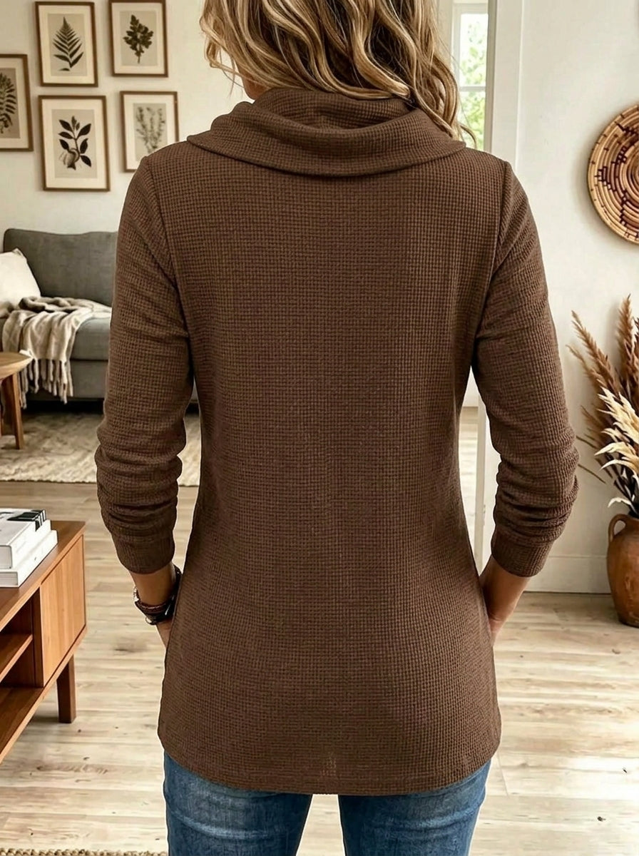 Cowl Neck Asymmetric Button Waffle Knit Long Sleeve Top