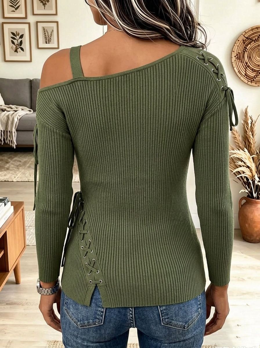 Women's Off Shoulder Ribbed Knit Top Lace Up Asymmetrical Long Sleeve Shirt