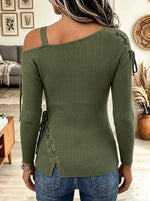 Women's Off Shoulder Ribbed Knit Top Lace Up Asymmetrical Long Sleeve Shirt