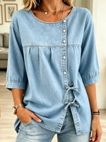 Retro Round Neck Art Button Casual Stylish 3/4 Sleeve Denim Shirt