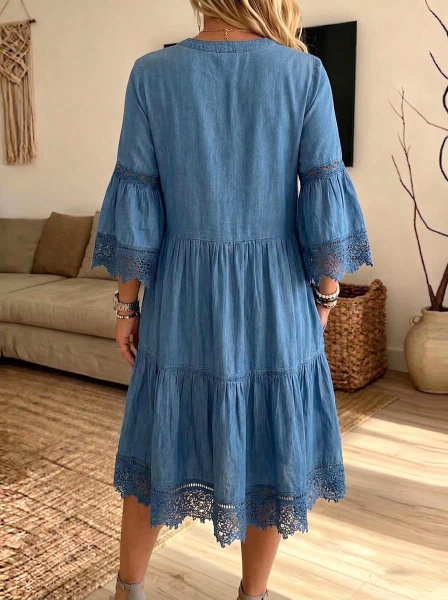 Women Denim Lace Trim Tiered Midi Dress Half Button Flare Sleeve Boho Dress With Pockets
