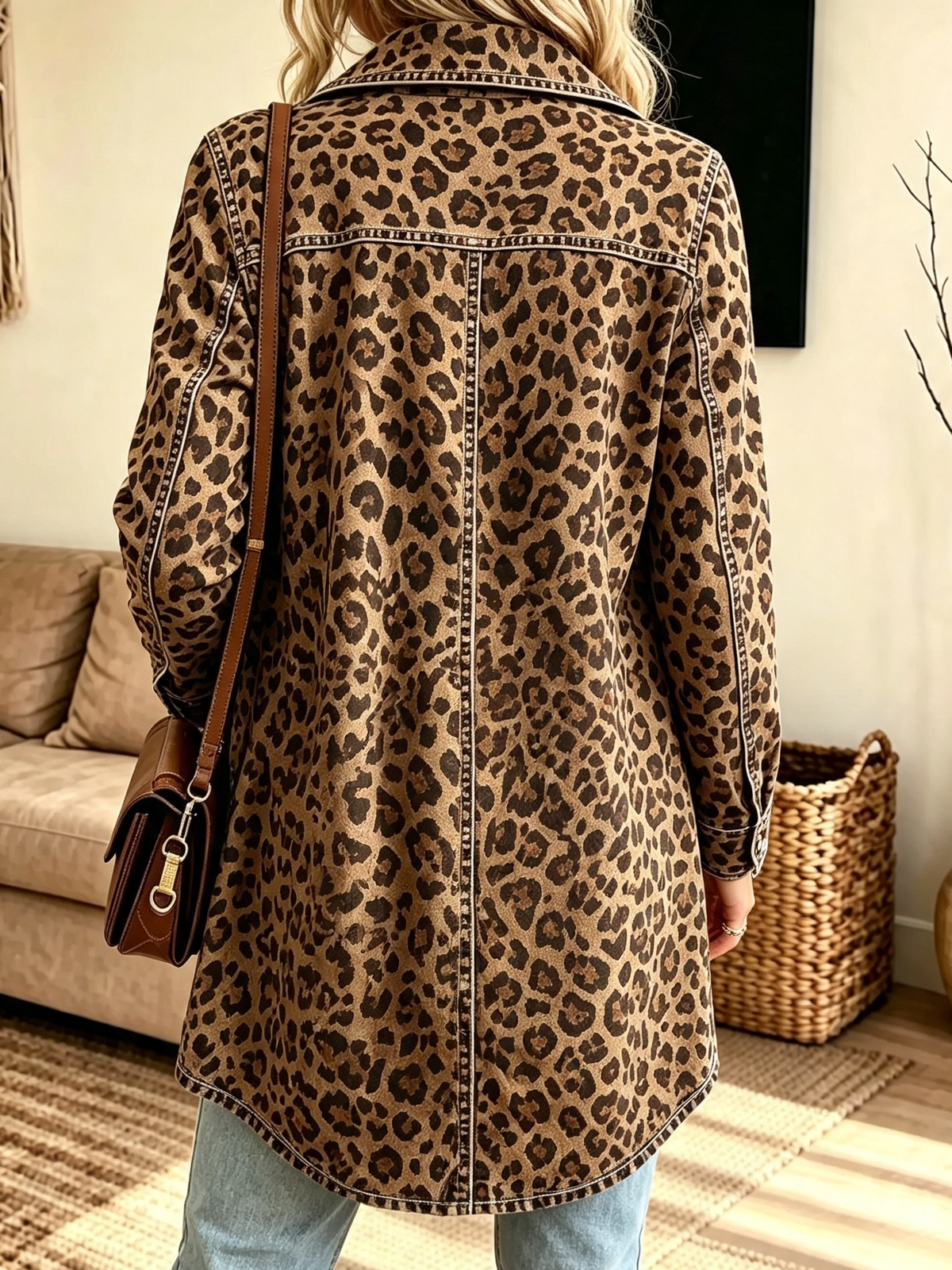 Women's Open-Front Leopard Print Trench Coat
