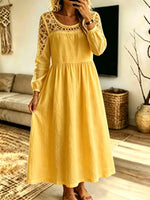 Women Hollow‑Out Spliced Solid Midi Dress