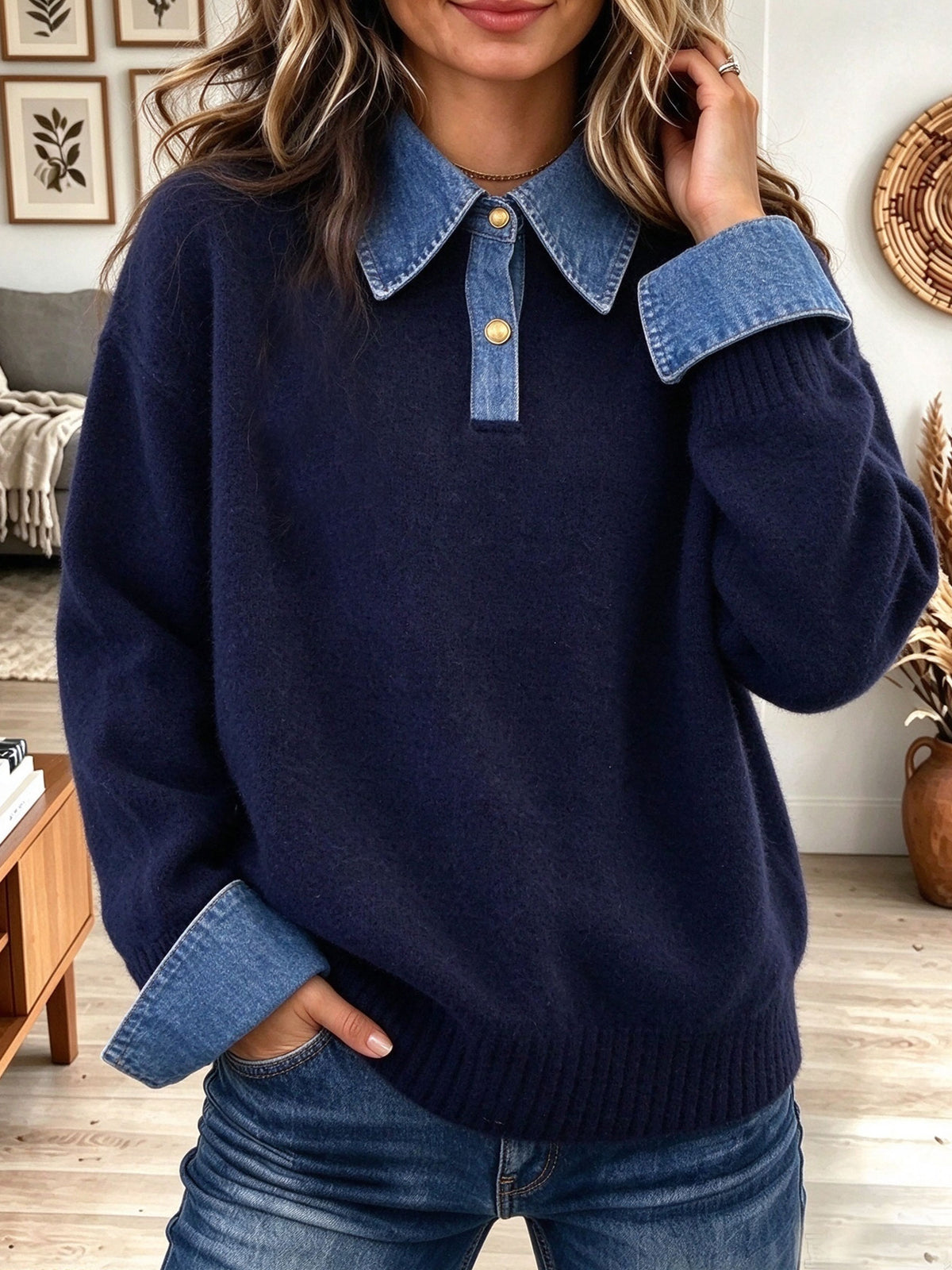 Women's Navy Blue Knit Pullover Sweater with Contrast Denim Collar and Cuffs