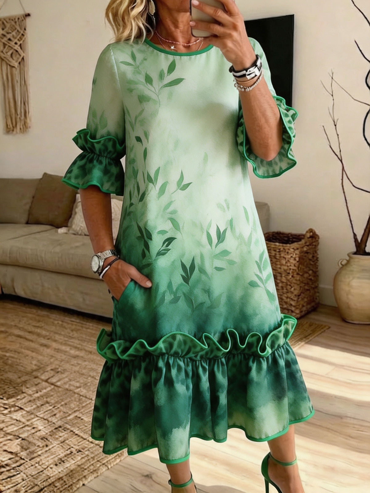 Women Green Leaf Print Midi Dress Ruffle Short Sleeve Crew Neck Loose Dress With Side Pockets