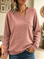 Women's Diagonal Button V Neck Sweatshirt, Long Sleeve Raglan Loose Casual Pullover