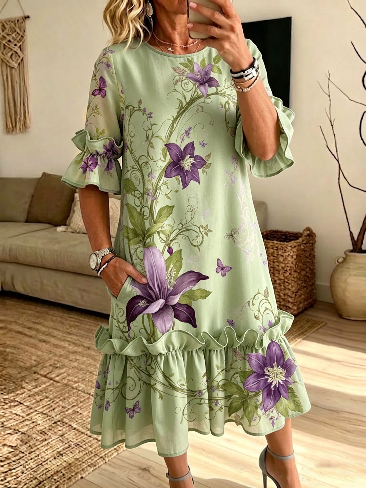 Light Green Purple Floral Butterfly Ruffle Sleeve Midi Dress With Pockets