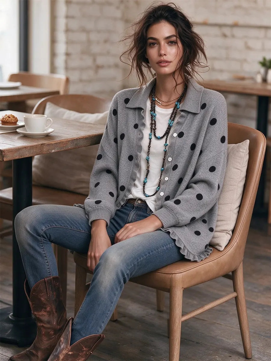 Women's Elegant Polka Dot Print Ruffled Collar Knit Cardigan